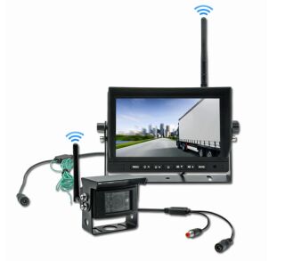 Truck rear view camera with radio transmission monitor and camera